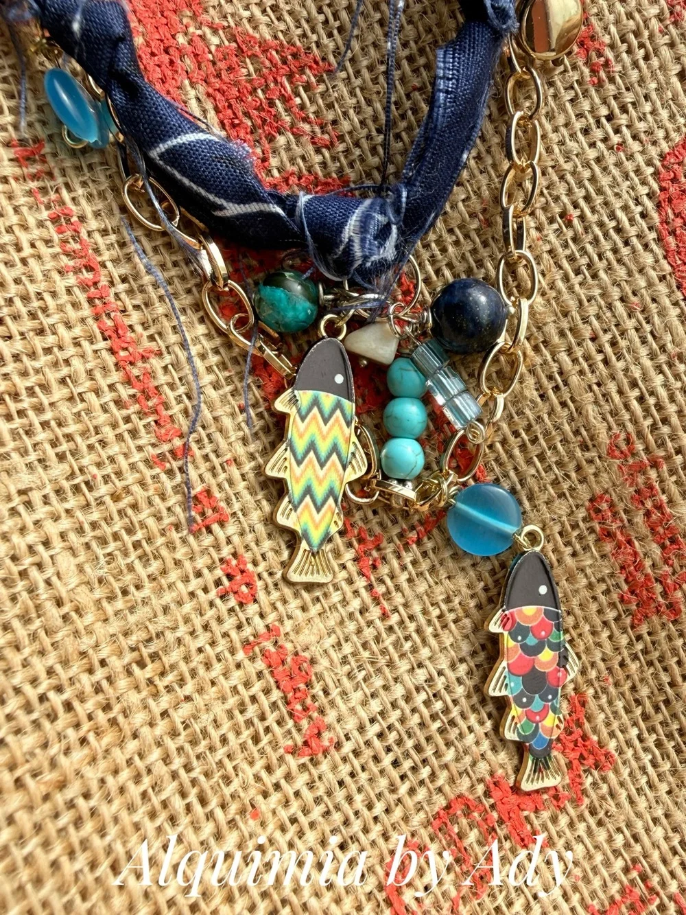 Layered gold Multicolor Enamel Fish Charm Necklace with Turquoise Beads